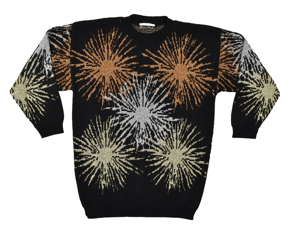 Vintage Dana Scott Black Knit Pullover Sweater with Metallic Burst Design Size L